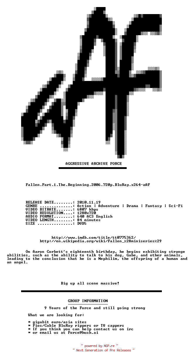 NFO for the release Fallen.Part.1.The.Beginning.2006.720p.BluRay.x264-aAF by aAF
