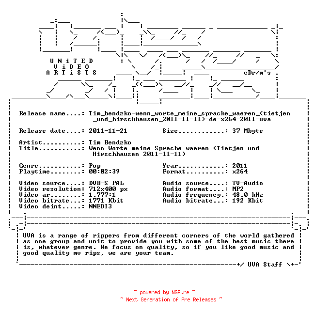 NFO for the release Tim_bendzko-wenn_worte_meine_sprache_waeren_(tietjen_und_hirschhausen_2011-11-11)-de-x264-2011-uva by uva