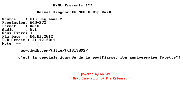NFO for the release Animal.Kingdom.FRENCH.BDRip.XviD-AYMO by AYMO