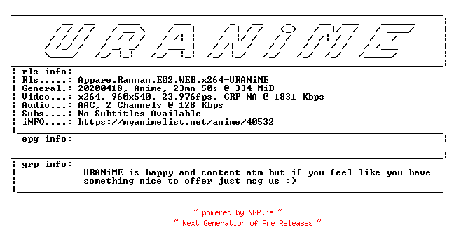 NFO for the release Appare.Ranman.E02.WEB.x264-URANiME by URANiME