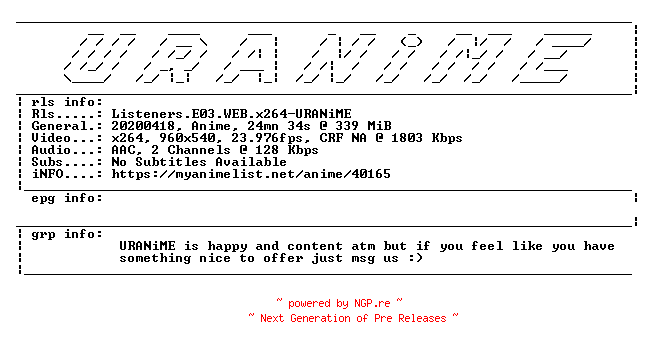 NFO for the release Listeners.E03.WEB.x264-URANiME by URANiME