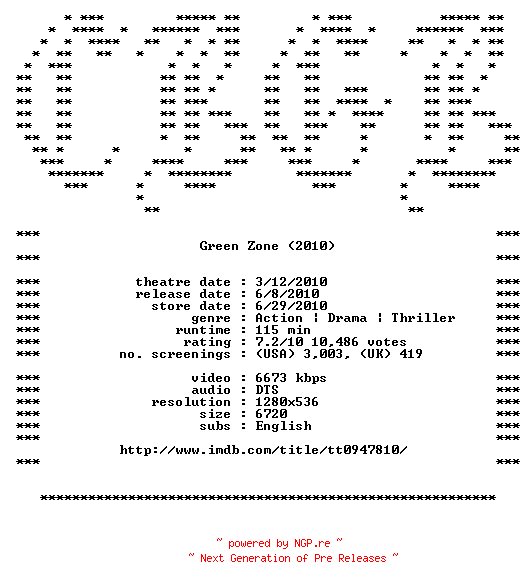 NFO for the release Green.Zone.720p.Bluray.x264-CBGB by CBGB