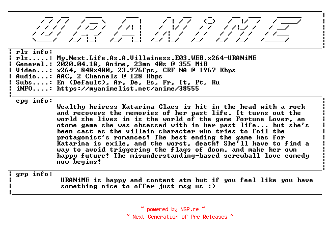 NFO for the release My.Next.Life.As.A.Villainess.E03.WEB.x264-URANiME by URANiME