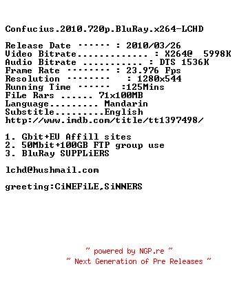 NFO for the release Confucius.2010.720p.BluRay.x264-LCHD by LCHD