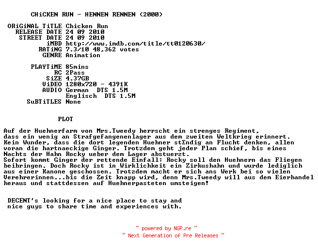 NFO for the release Chicken.Run.Hennen.rennen.2000.German.DL.720p.BluRay.x264-DECENT by DECENT