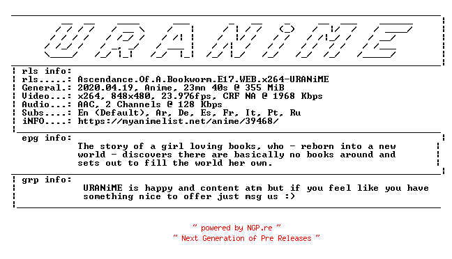 NFO for the release Ascendance.Of.A.Bookworm.E17.WEB.x264-URANiME by URANiME