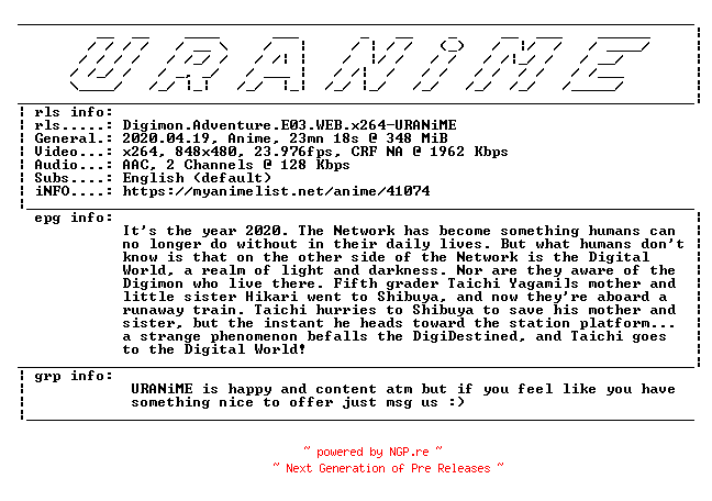 NFO for the release Digimon.Adventure.E03.WEB.x264-URANiME by URANiME