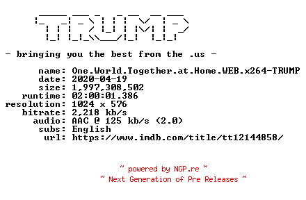 NFO for the release One.World.Together.at.Home.WEB.x264-TRUMP by TRUMP