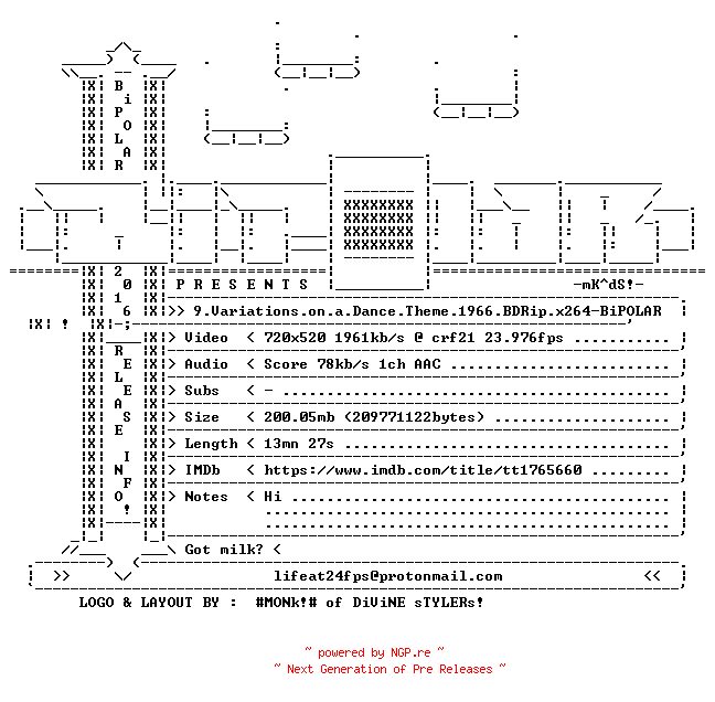 NFO for the release 9.Variations.on.a.Dance.Theme.1966.BDRip.x264-BiPOLAR by BiPOLAR