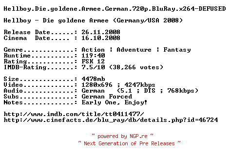 NFO for the release Hellboy.Die.goldene.Armee.German.720p.BluRay.x264-DEFUSED by DEFUSED