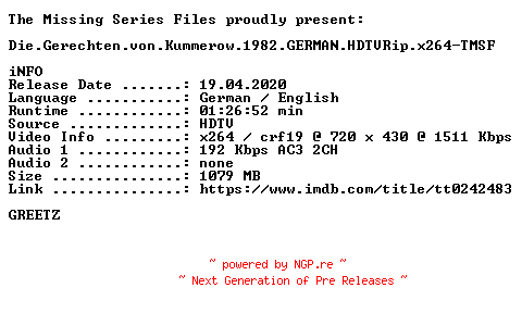 NFO for the release Die.Gerechten.von.Kummerow.1982.GERMAN.HDTVRip.x264-TMSF by TMSF