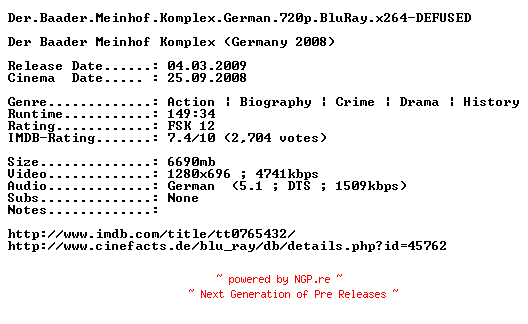 NFO for the release Der.Baader.Meinhof.Komplex.German.720p.BluRay.x264-DEFUSED by DEFUSED