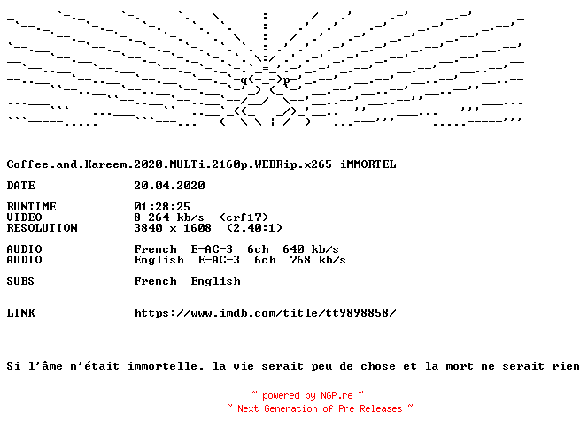 NFO for the release Coffee.and.Kareem.2020.MULTi.2160p.WEBRip.x265-iMMORTEL by iMMORTEL