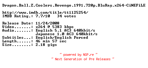 NFO for the release Dragon.Ball.Z.Coolers.Revenge.1991.720p.BluRay.x264-CiNEFiLE by CiNEFiLE