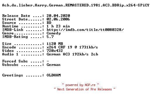 NFO for the release Ach.du.lieber.Harry.German.REMASTERED.1981.AC3.BDRip.x264-SPiCY by SPiCY
