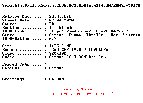 NFO for the release Seraphim.Falls.German.2006.AC3.BDRip.x264.iNTERNAL-SPiCY by SPiCY