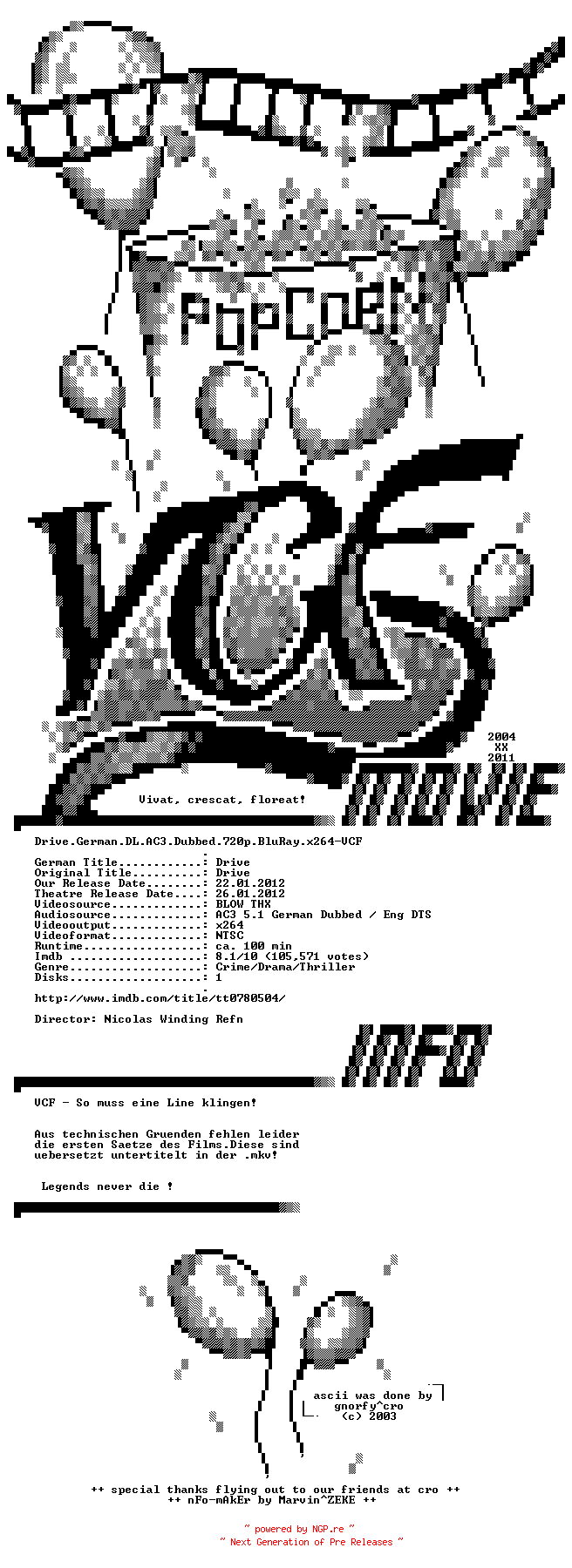NFO for the release Drive.German.DL.AC3.Dubbed.720p.BluRay.READ.NFO.x264-VCF by VCF