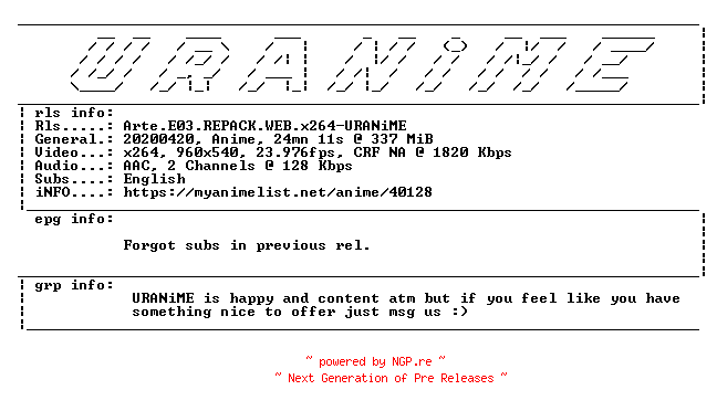 NFO for the release Arte.E03.REPACK.WEB.x264-URANiME by URANiME