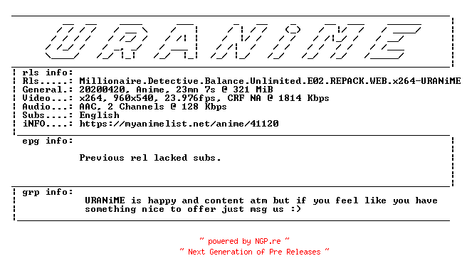 NFO for the release Millionaire.Detective.Balance.Unlimited.E02.REPACK.WEB.x264-URANiME by URANiME