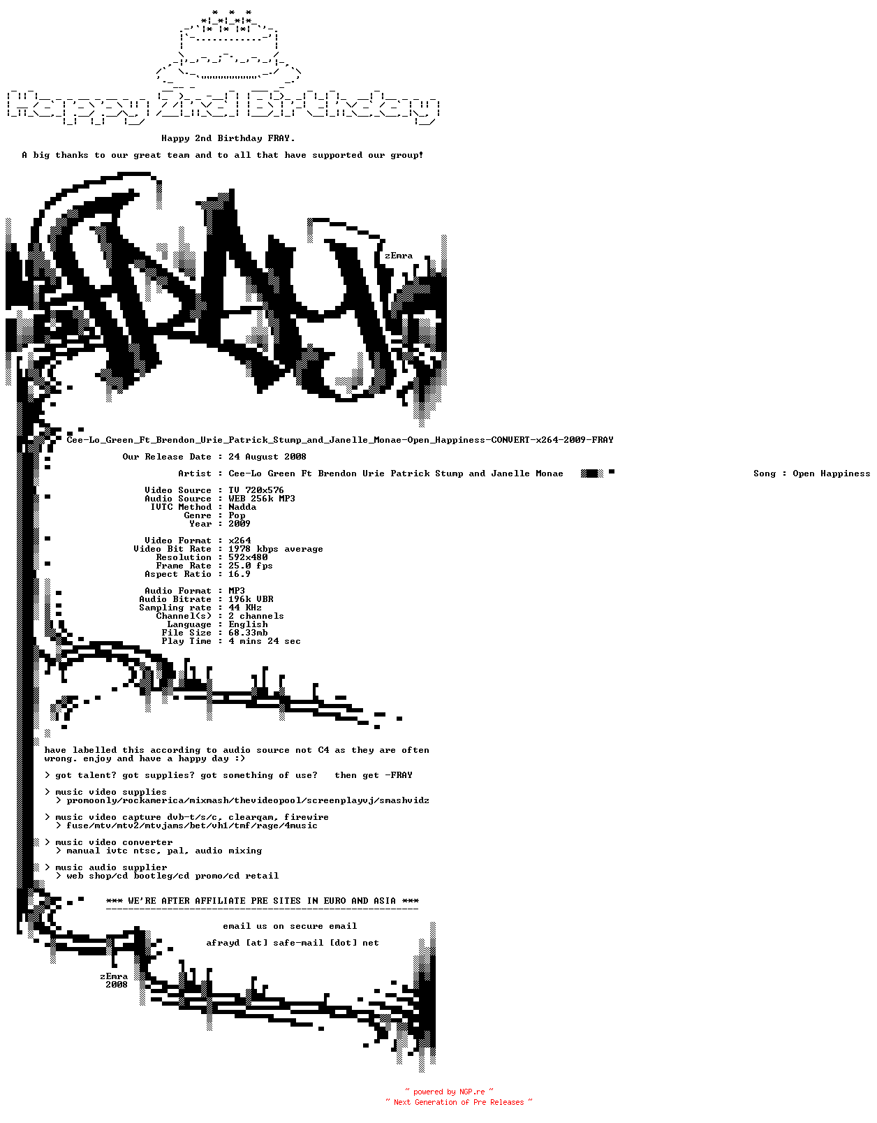 NFO for the release Cee-Lo_Green_Ft_Brendon_Urie_Patrick_Stump_and_Janelle_Monae-Open_Happiness-CONVERT-x264-2009-FRAY by FRAY