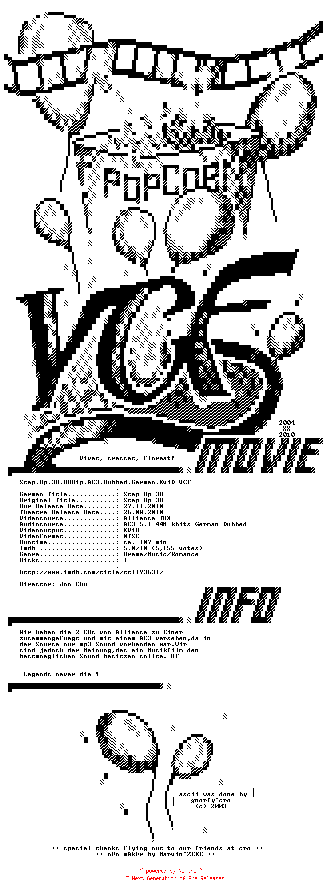 NFO for the release Step.Up.3D.BDRip.AC3.Dubbed.German.XviD-VCF by VCF
