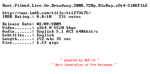 NFO for the release Rent.Filmed.Live.On.Broadway.2008.720p.BluRay.x264-CiNEFiLE by CiNEFiLE
