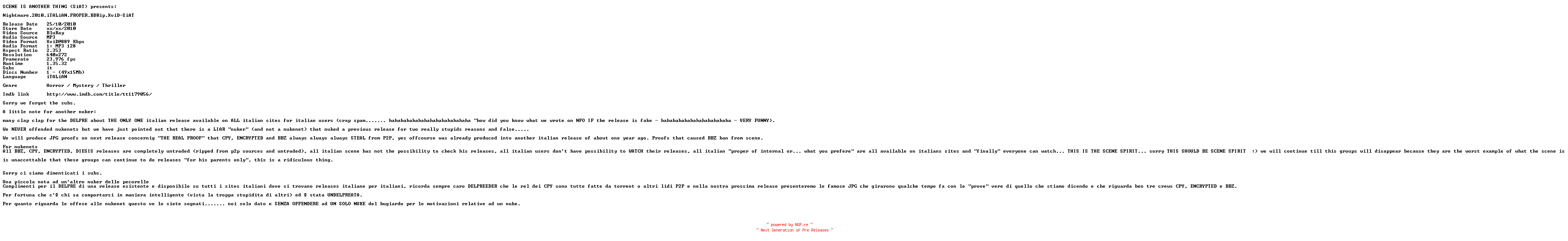 NFO for the release Nightmare.2010.iTALiAN.READNFO.SUBS.FiX.PROPER.BDRip.XviD-SiAT by SiAT