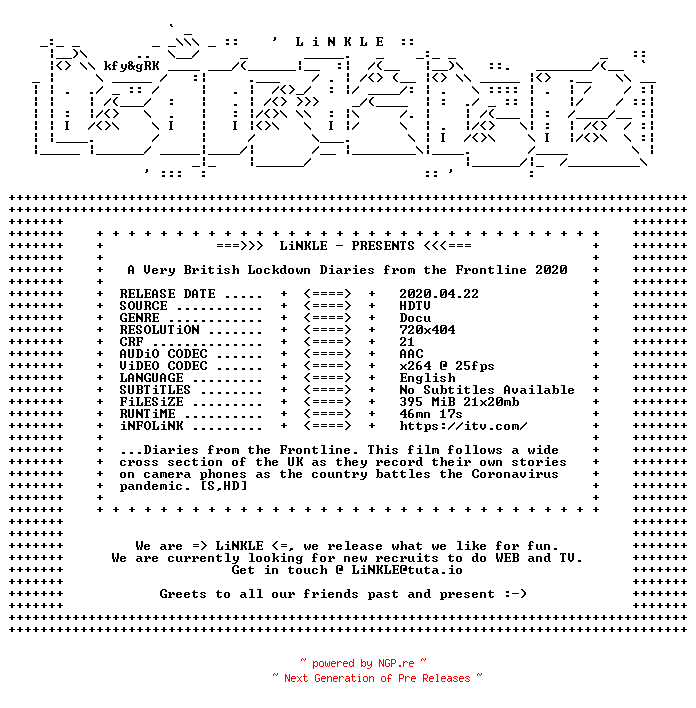 NFO for the release A.Very.British.Lockdown.Diaries.from.the.Frontline.2020.HDTV.x264-LiNKLE by LiNKLE