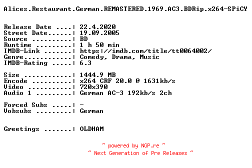 NFO for the release Alices.Restaurant.German.REMASTERED.1969.AC3.BDRip.x264-SPiCY by SPiCY
