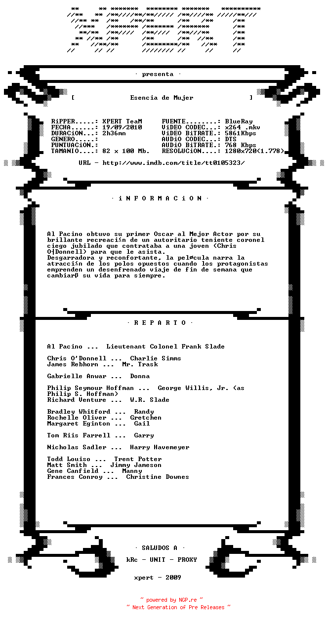 NFO for the release Esencia.De.Mujer.1992.SPANiSH.720p.BluRay.x264-XPERT_HD by XPERT_HD