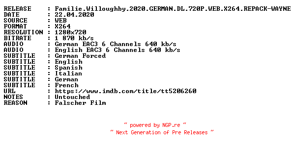 NFO for the release Familie.Willoughby.2020.GERMAN.DL.720P.WEB.X264.REPACK-WAYNE by WAYNE