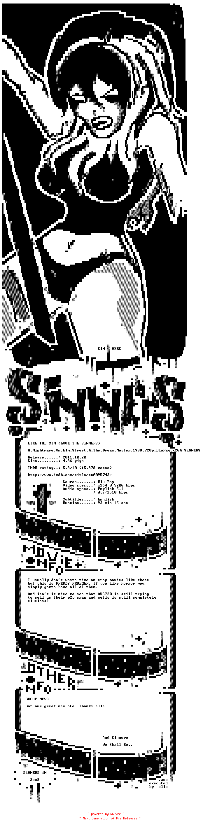 NFO for the release A.Nightmare.On.Elm.Street.4.The.Dream.Master.1988.720p.BluRay.x264-SiNNERS by SiNNERS