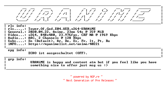 NFO for the release Tower.Of.God.E04.WEB.x264-URANiME by URANiME