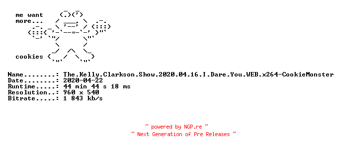NFO for the release The.Kelly.Clarkson.Show.2020.04.16.I.Dare.You.WEB.x264-CookieMonster by CookieMonster
