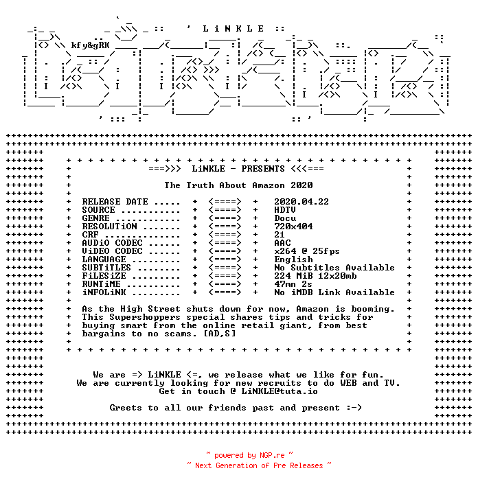 NFO for the release The.Truth.About.Amazon.2020.HDTV.x264-LiNKLE by LiNKLE