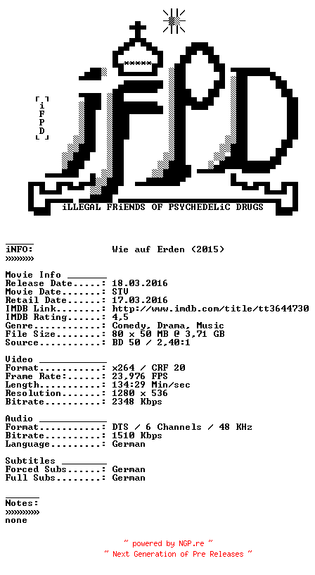 NFO for the release Wie.auf.Erden.2015.German.720p.BluRay.x264-iFPD by iFPD