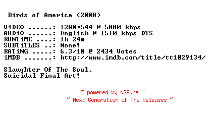 NFO for the release Birds.of.America.2008.720p.BluRay.x264-MELiTE by MELiTE