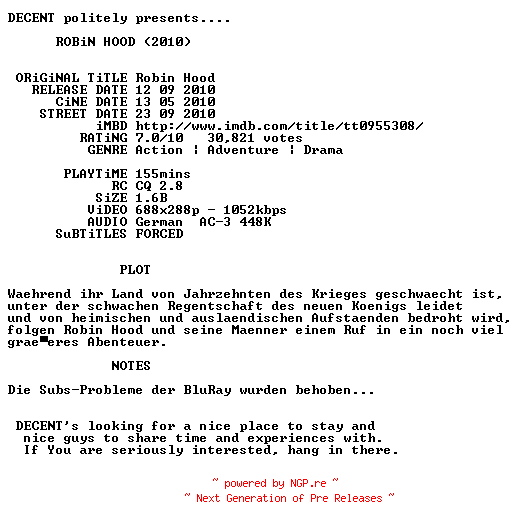 NFO for the release Robin.Hood.German.AC3.BDRip.XviD-DECENT by DECENT