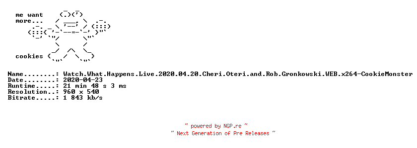 NFO for the release Watch.What.Happens.Live.2020.04.20.Cheri.Oteri.and.Rob.Gronkowski.WEB.x264-CookieMonster by CookieMonster