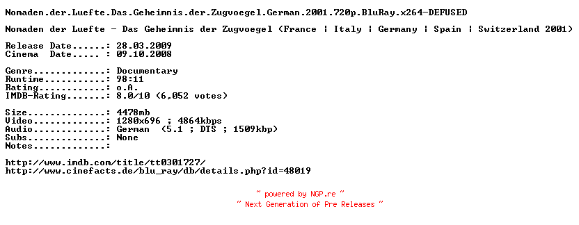NFO for the release Nomaden.der.Luefte.Das.Geheimnis.der.Zugvoegel.German.2001.720p.BluRay.x264-DEFUSED by DEFUSED