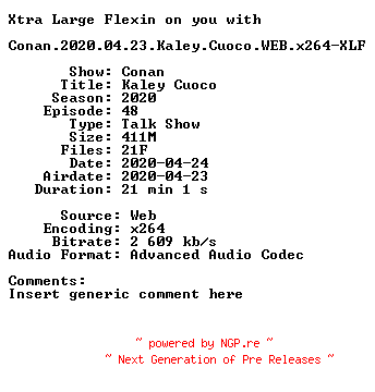 NFO for the release Conan.2020.04.23.Kaley.Cuoco.WEB.x264-XLF by XLF