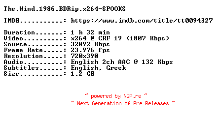 NFO for the release The.Wind.1986.WS.BDRip.x264-SPOOKS by SPOOKS