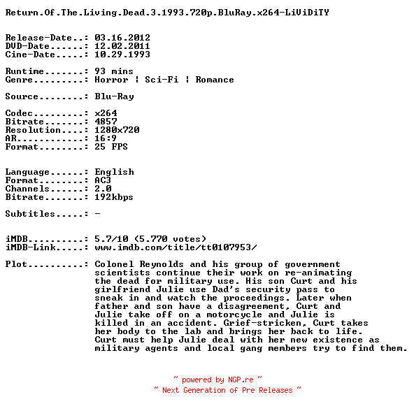 NFO for the release Return.Of.The.Living.Dead.3.1993.720p.BluRay.x264-LiViDiTY by LiViDiTY