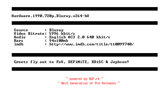 NFO for the release Hardware.1990.720p.Bluray.x264-hV by hV