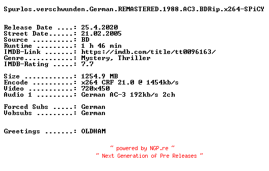 NFO for the release Spurlos.verschwunden.German.REMASTERED.1988.AC3.BDRip.x264-SPiCY by SPiCY