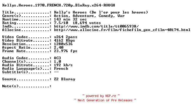 NFO for the release Kellys.Heroes.1970.FRENCH.720p.BluRay.x264-ROUGH by ROUGH