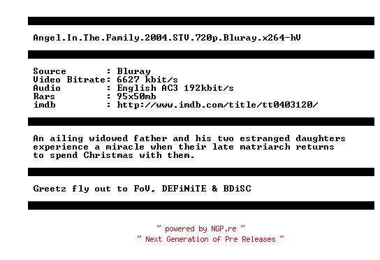 NFO for the release Angel.In.The.Family.2004.STV.720p.Bluray.x264-hV by hV