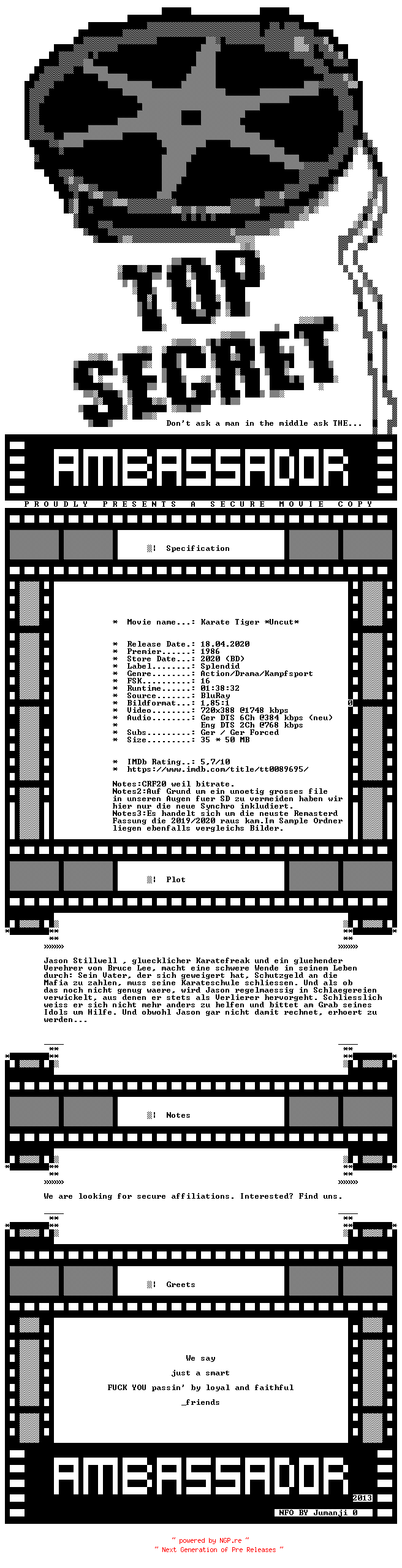NFO for the release Karate.Tiger.UNCUT.REMASTERED.GERMAN.1986.DL.BDRIP.X264-AMBASSADOR by AMBASSADOR