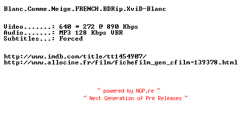 NFO for the release Blanc.Comme.Neige.FRENCH.BDRip.XviD-Blanc by Blanc