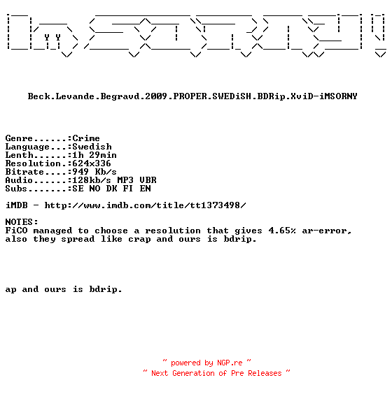 NFO for the release Beck.Levande.Begravd.2009.PROPER.SWEDiSH.BDRip.XviD-iMSORNY by iMSORNY